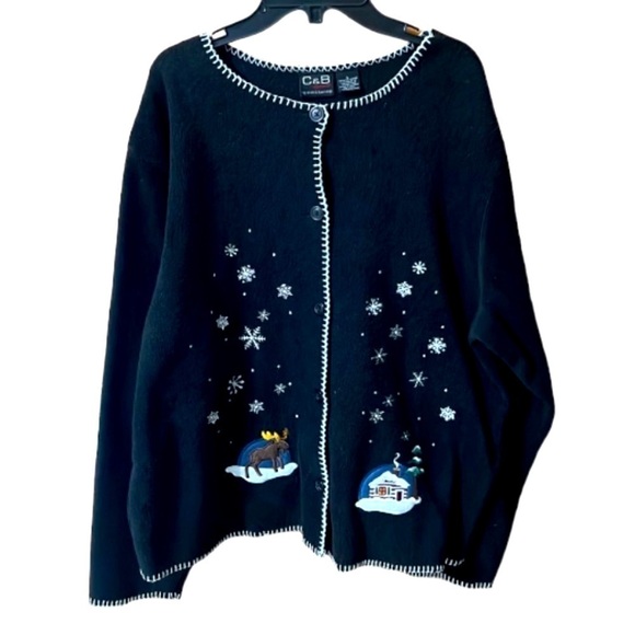 C & B fleece Winter Scene Cardigan Black with Cabin Moose Snowflakes Bear Large - Picture 1 of 10